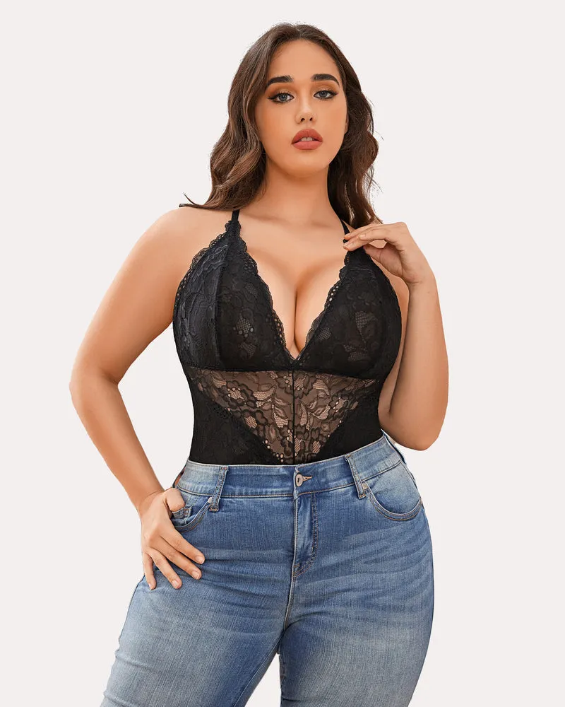 Snap Crotch Lace Bodysuit Deep V Teddy