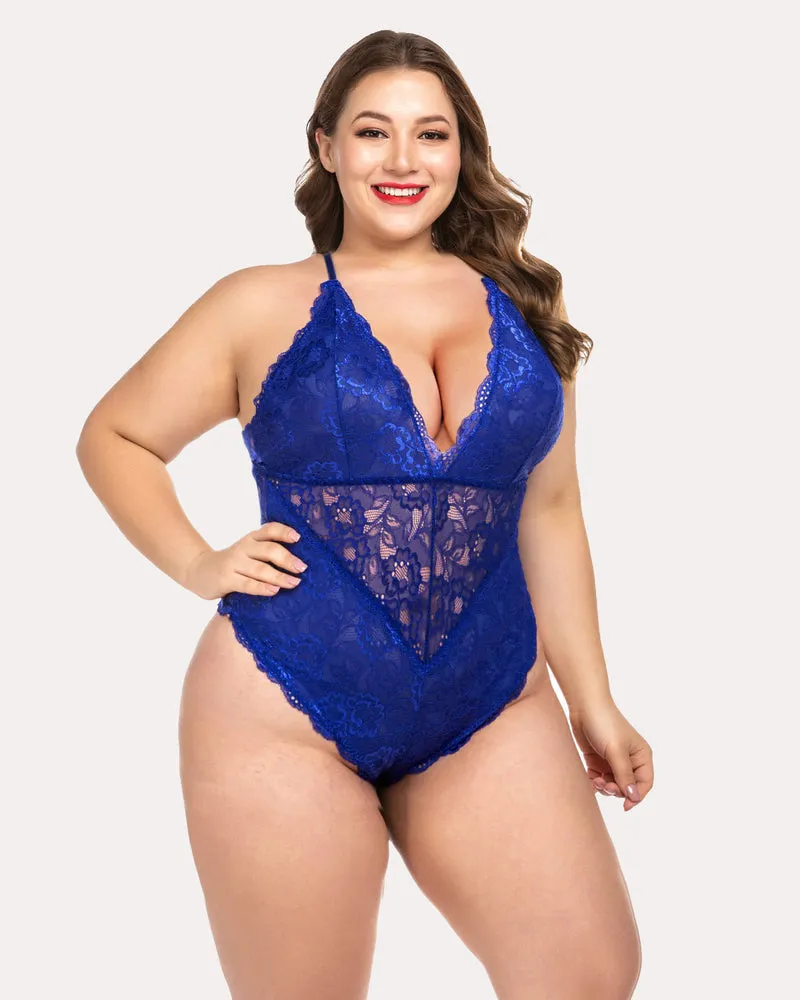 Snap Crotch Lace Bodysuit Deep V Teddy