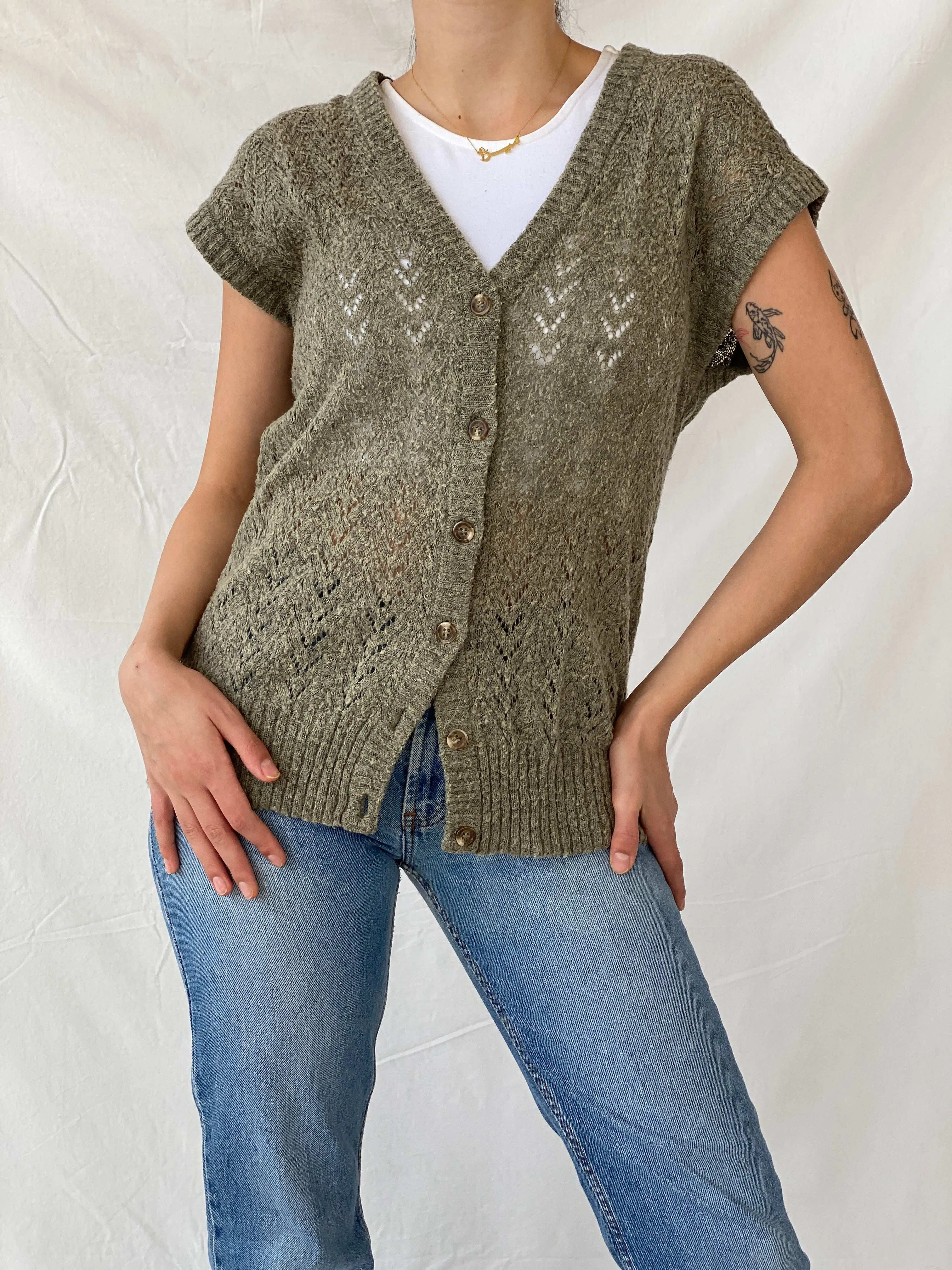 Vintage 80s Chiwitt Tricots Olive Green Knitted Crochet Vest - L