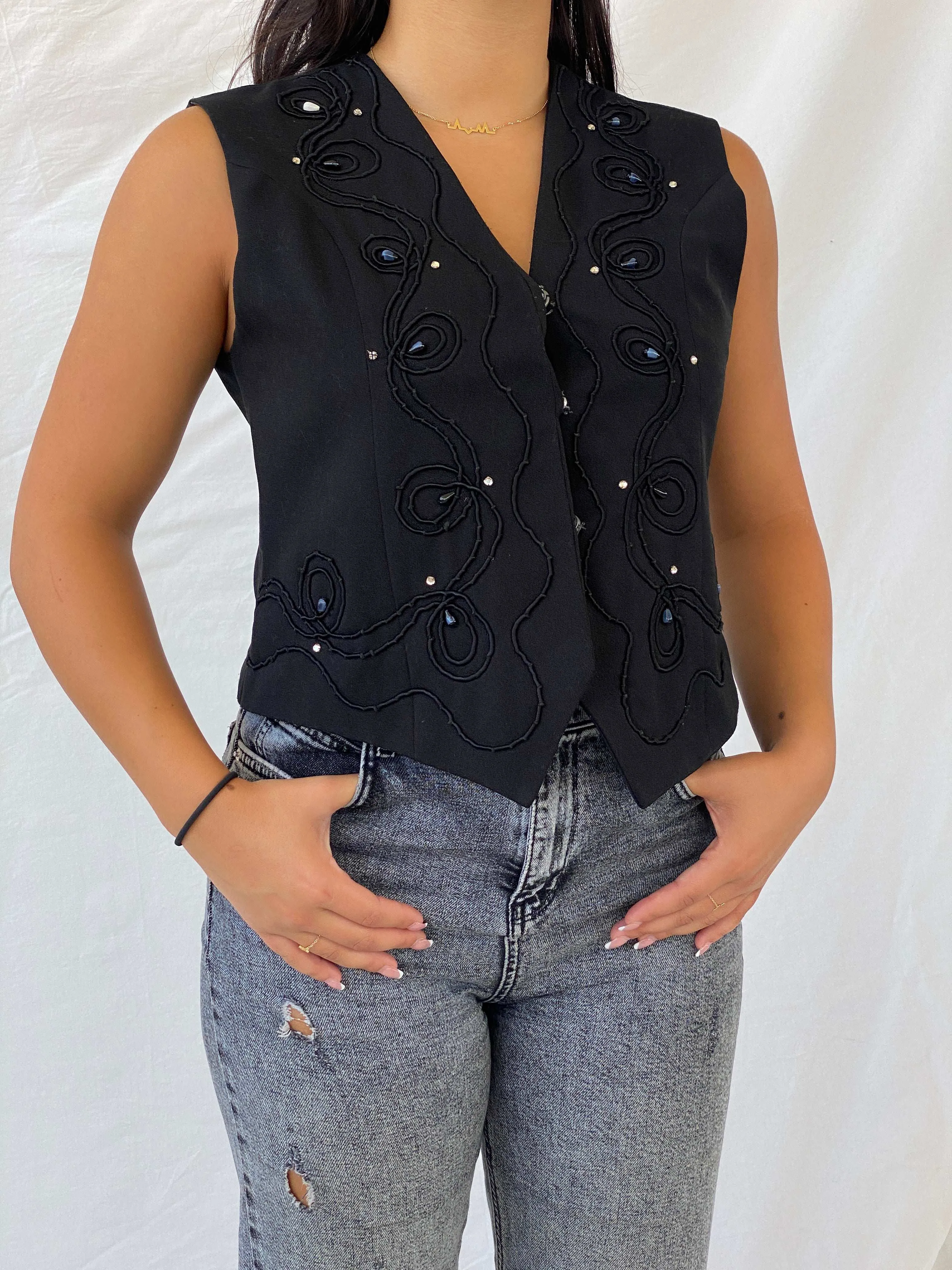 Vintage Black Vest With Intricate Beading - M