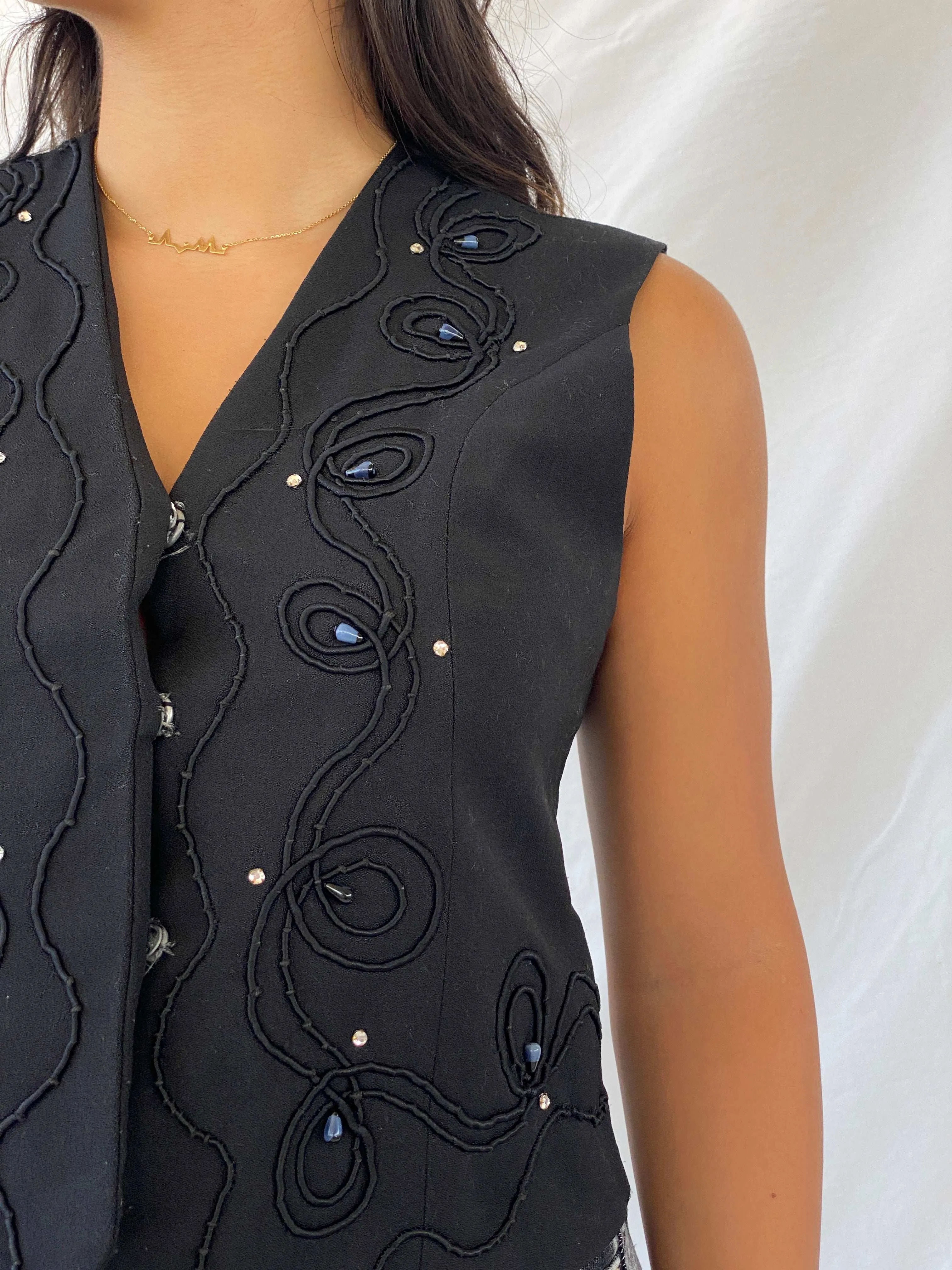 Vintage Black Vest With Intricate Beading - M