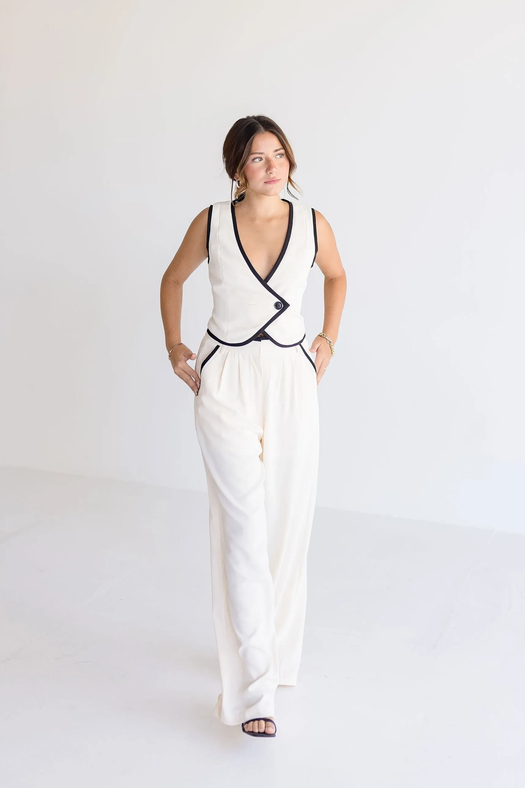 Waitlist 11/29 ♥ Elena Double Breasted Contrasting Edge Vest And Pants Set Cream