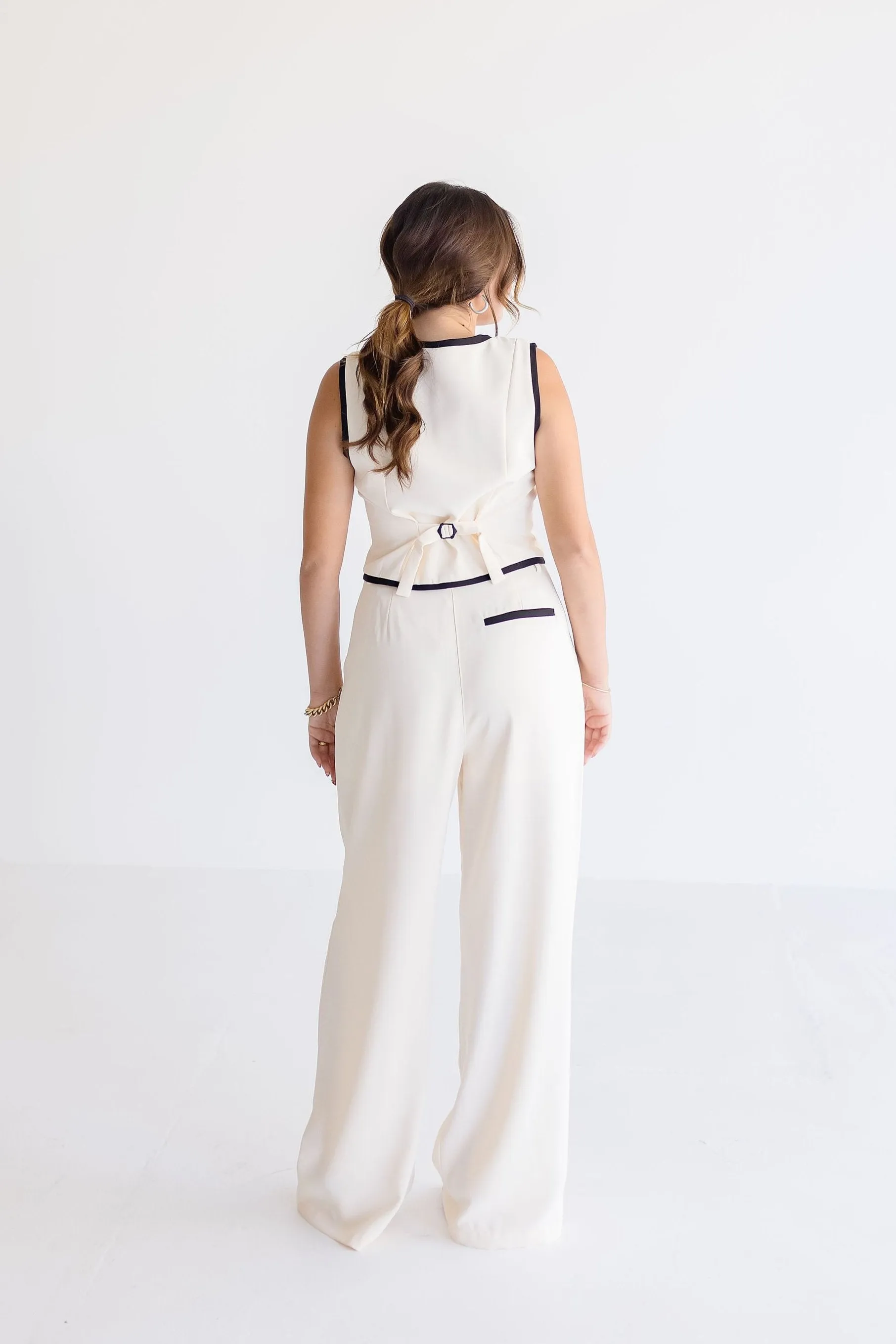 Waitlist 11/29 ♥ Elena Double Breasted Contrasting Edge Vest And Pants Set Cream