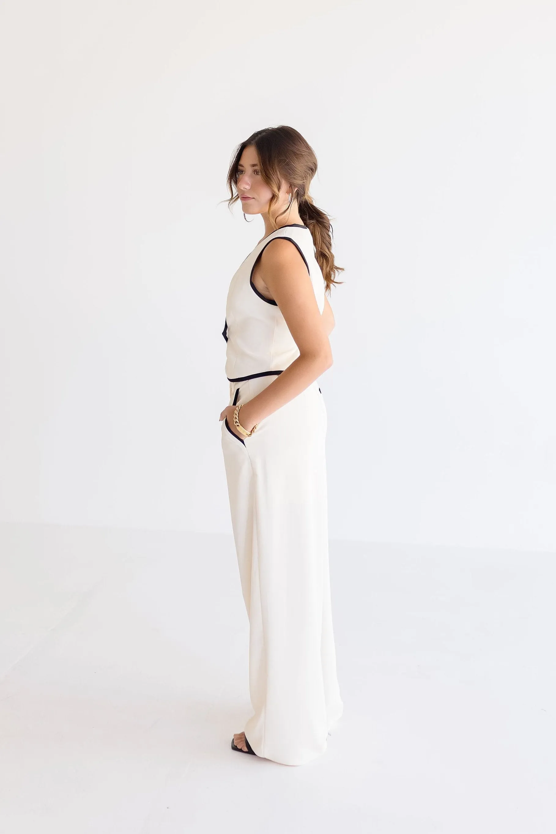 Waitlist 11/29 ♥ Elena Double Breasted Contrasting Edge Vest And Pants Set Cream