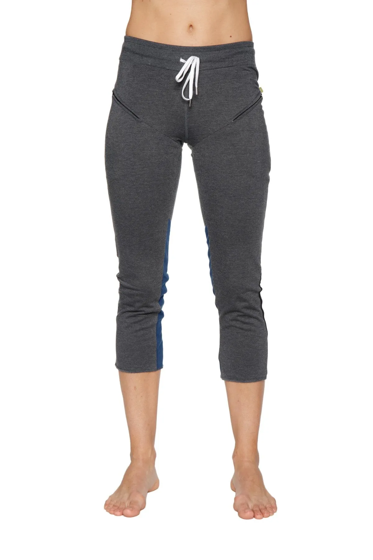 Women's 4/5 Length Zipper Pocket Capri Yoga Pant (Charcoal w/Black & Blue)