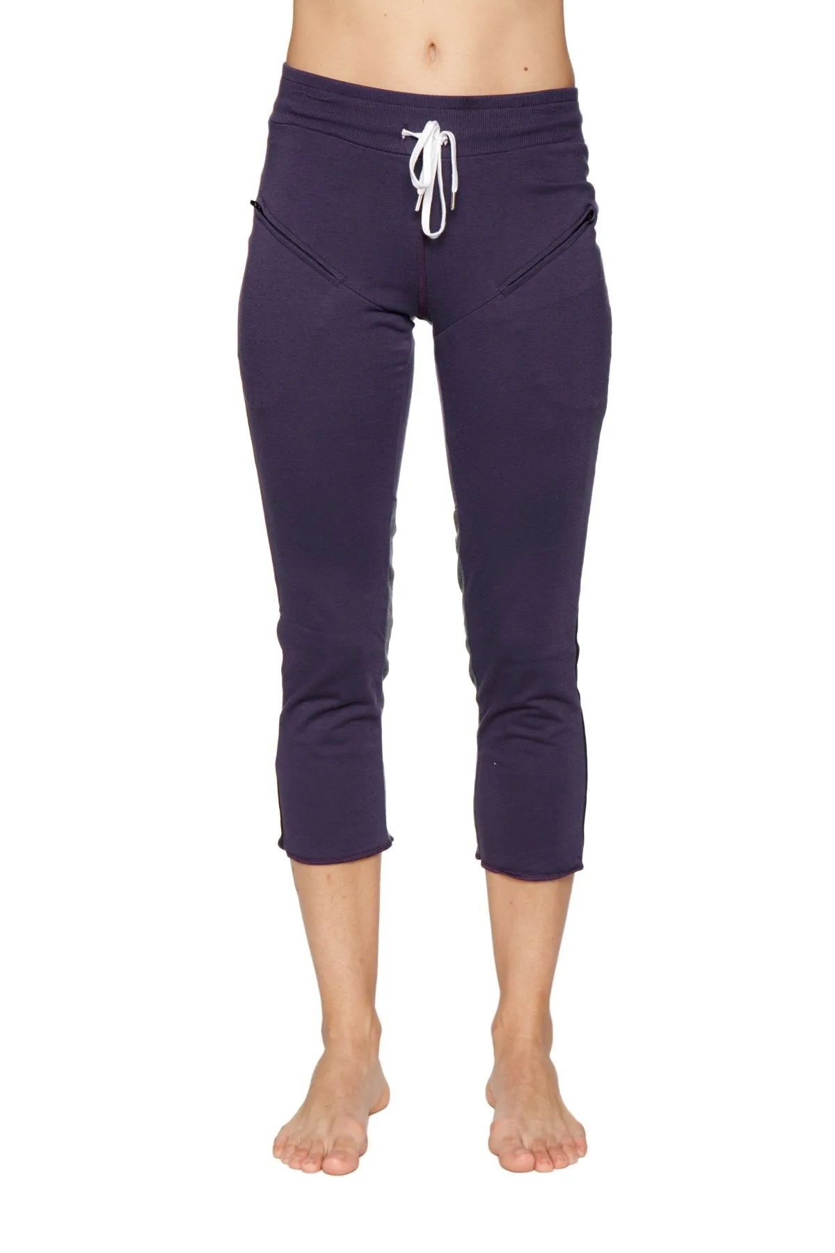 Women's 4/5 Length Zipper Pocket Capri Yoga Pant (Eggplant w/Black & Charcoal)