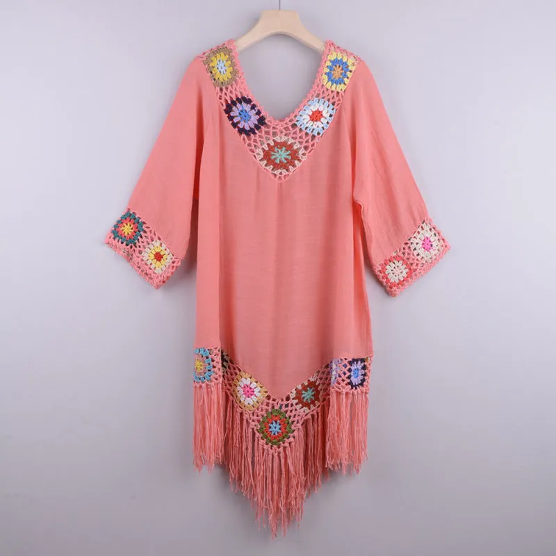 Women's Embroidered Three Quarter Sleeve Tassel Cover Up