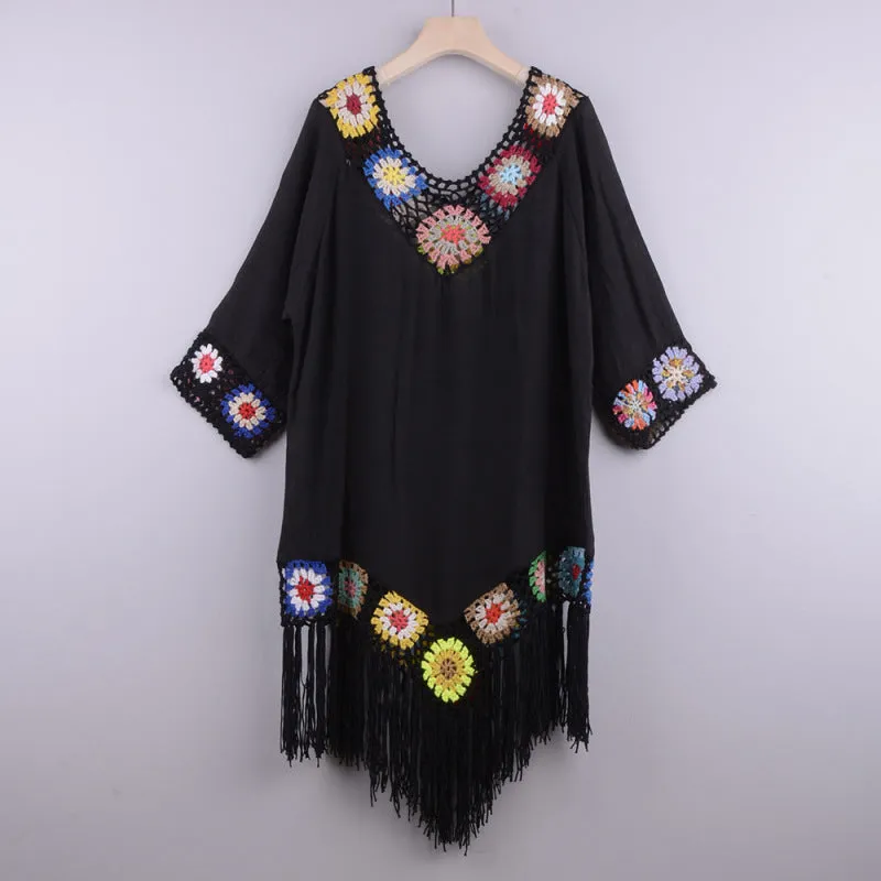 Women's Embroidered Three Quarter Sleeve Tassel Cover Up