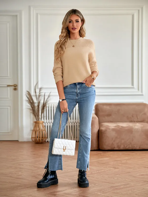 Women's Loose Fit Round Neck Solid Colour Jumper